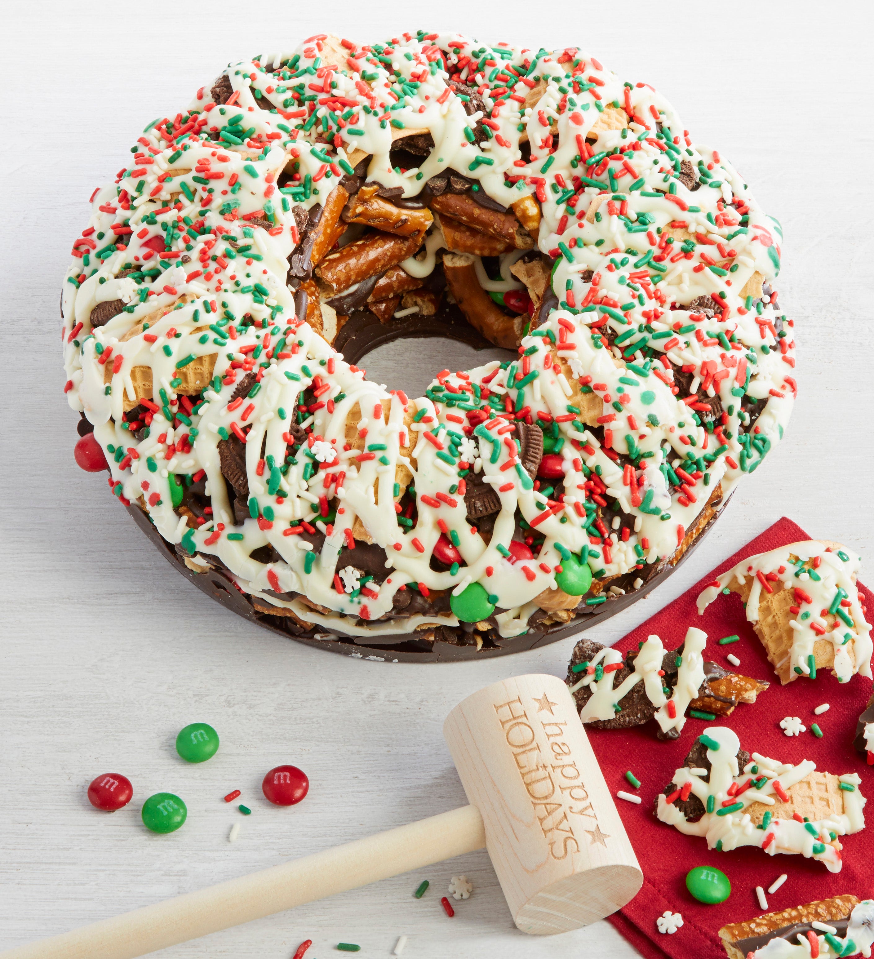 Chocolate Pretzel Wreath with Holiday Mallet